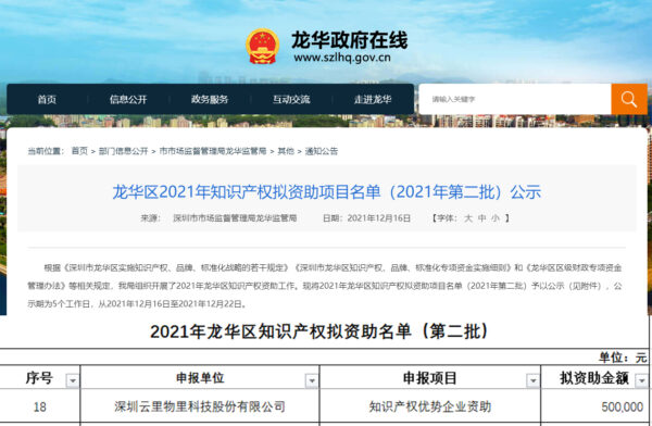 创新驱动，制度引领 | 云里物里被认定为“深圳市龙华区2021年知识产权优势企业”